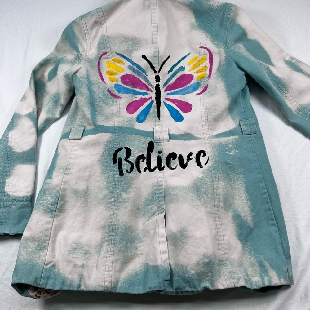 Moschino Custom Bleached Trench Jacket Butterfly “Believe” Hand Painted Coat S